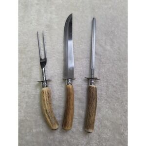 Vintage Englishtown Carving Set With Sharpening Steel Stag Horn Antler Handles